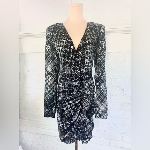 Ramy Brook Myla Mini Dress Black Houndstooth Burnout Multi Ruched Faux Wrap NWT - Picture 6 of 16